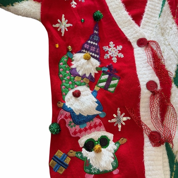 Holiday Time Gnome Ugly Sweater Knit Christmas Cardigan Oversized Bow size Small - Picture 4 of 7